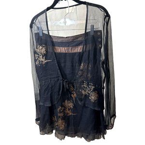 Fransa Sheer Silk 2-piece Black bronze emblems on jacket and lined skirt